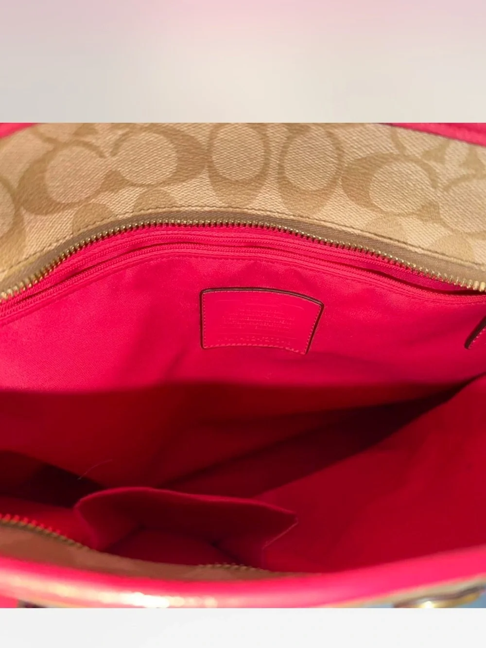 Coach Beige Signature Canvas Tote with Pink Trim